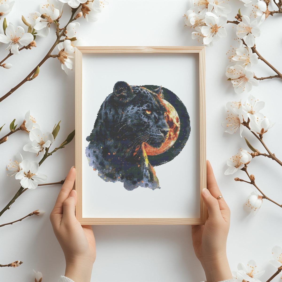 Cross Stitch Pattern With Black Cougar, Counted Cross Stitch Chart, Panther Cross Stitch Designs, Embroidery Patterns, Cross Stitch Art