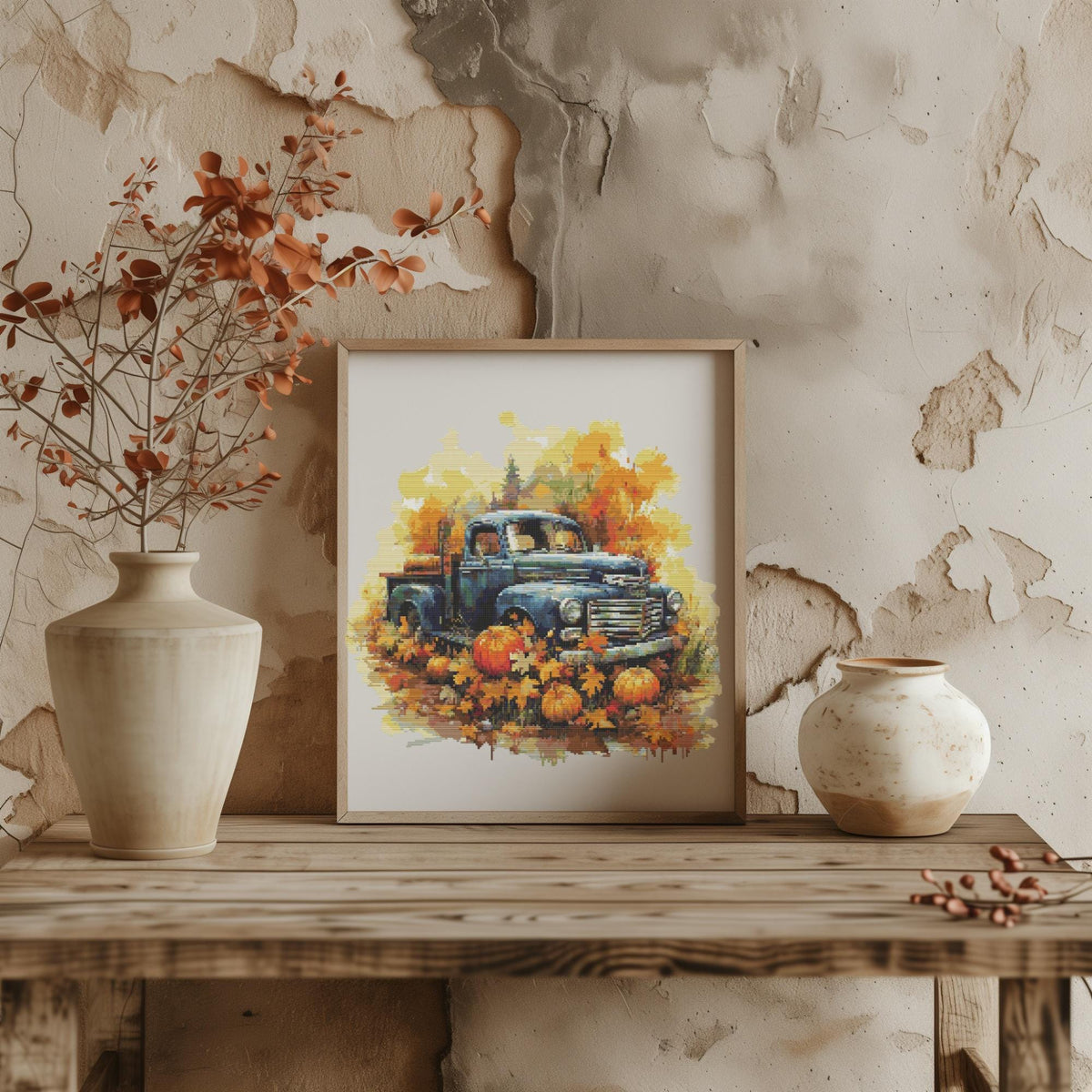 Fall Cross Stitch Pattern With Harvest Truck, Counted, Watercolor Cross Stitch PDF, Autumn Cross Stitch Chart With Pumpkins, Embroidery File