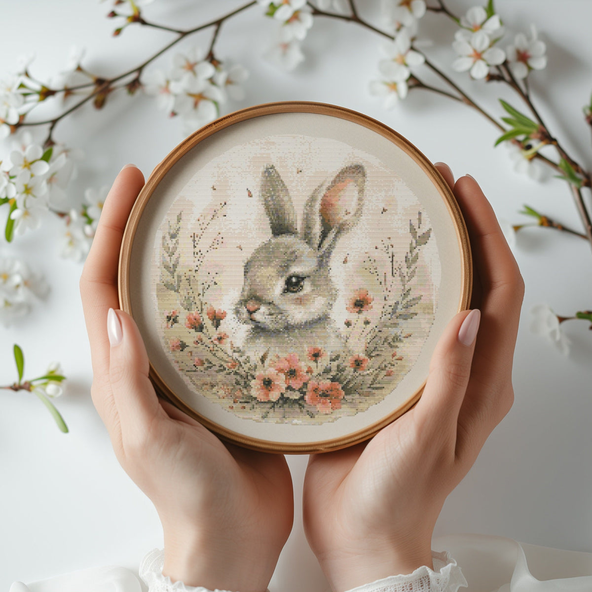 Modern Cross Stitch Pattern With Bunny, Easter Cross Stitch Art, Easter Embroidery Pattern, Spring Cross Stitch Pattern, Floral Pattern