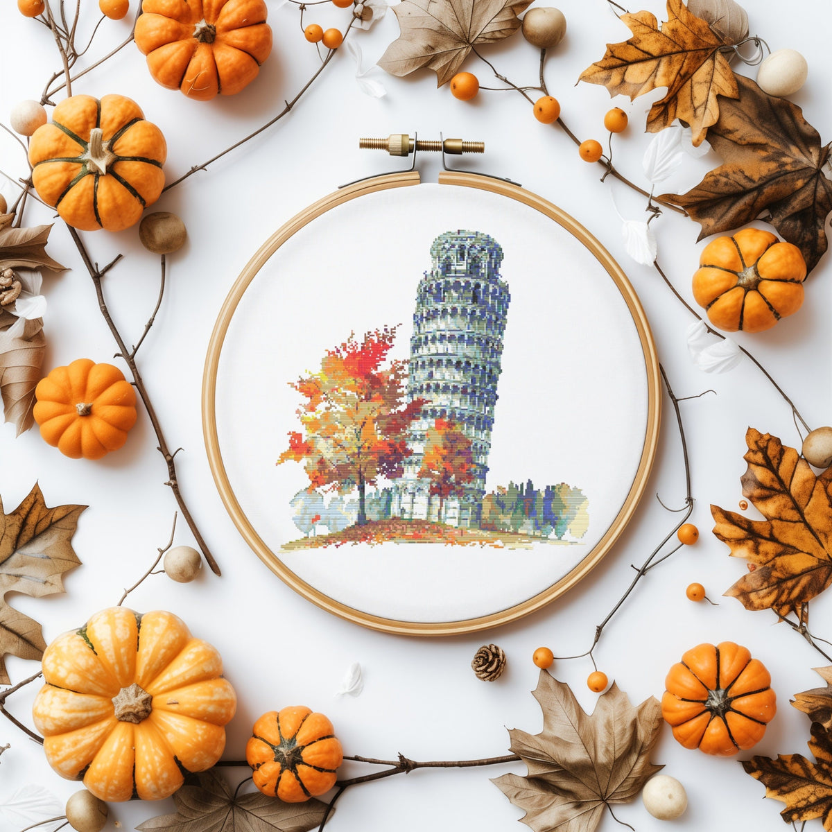 Fall Cross Stitch Pattern With Pisa Leaning Tower, Counted, City Cross Stitch Designs, Italy Embroidery PDf, Pattern Keeper File