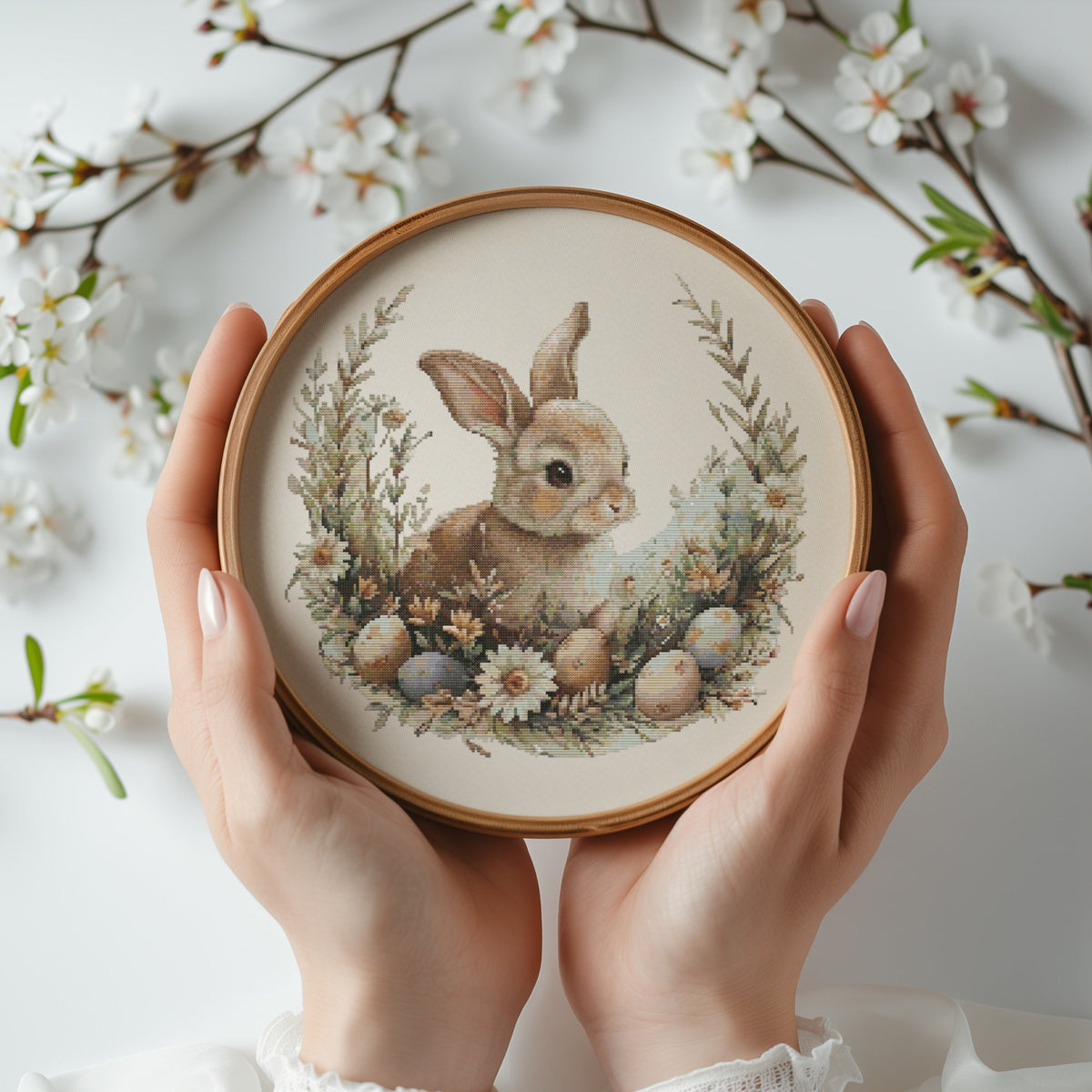 Cross Stitch Pattern With Easter Bunny, Modern Cross Stitch Designs, Easter Embroidery Pattern, Spring Cross Stitch Pattern, Floral Pattern