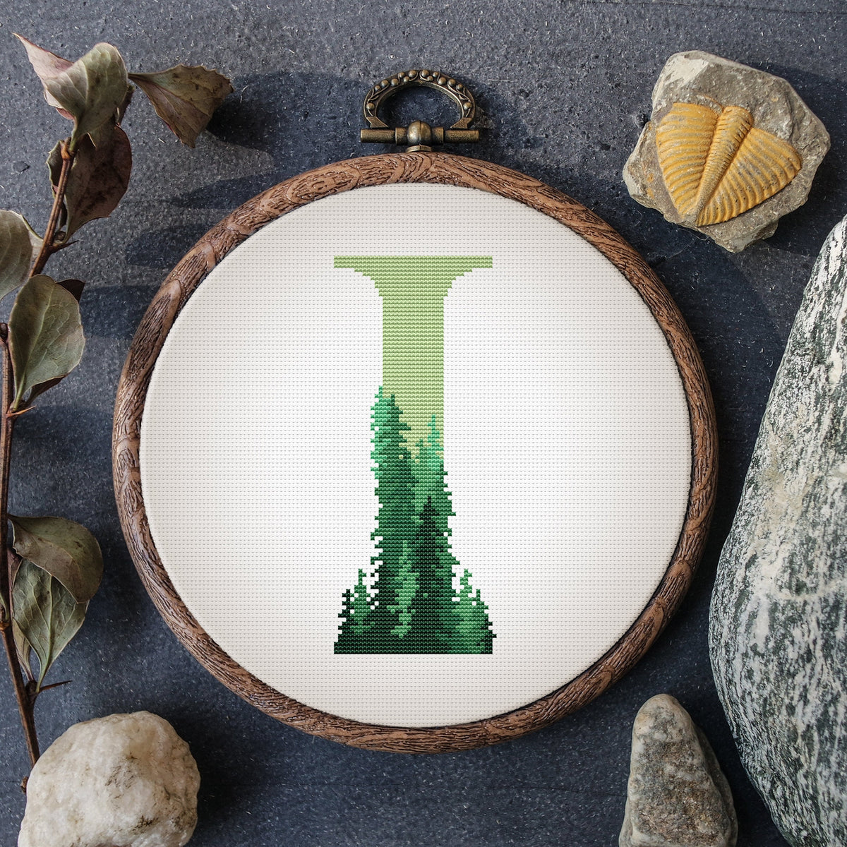 Letter Cross Stitch Pattern, Green Forest, Monogram Embroidery Pattern, Counted Cross Stitch Chart With Custom Name, Personalized Gifts