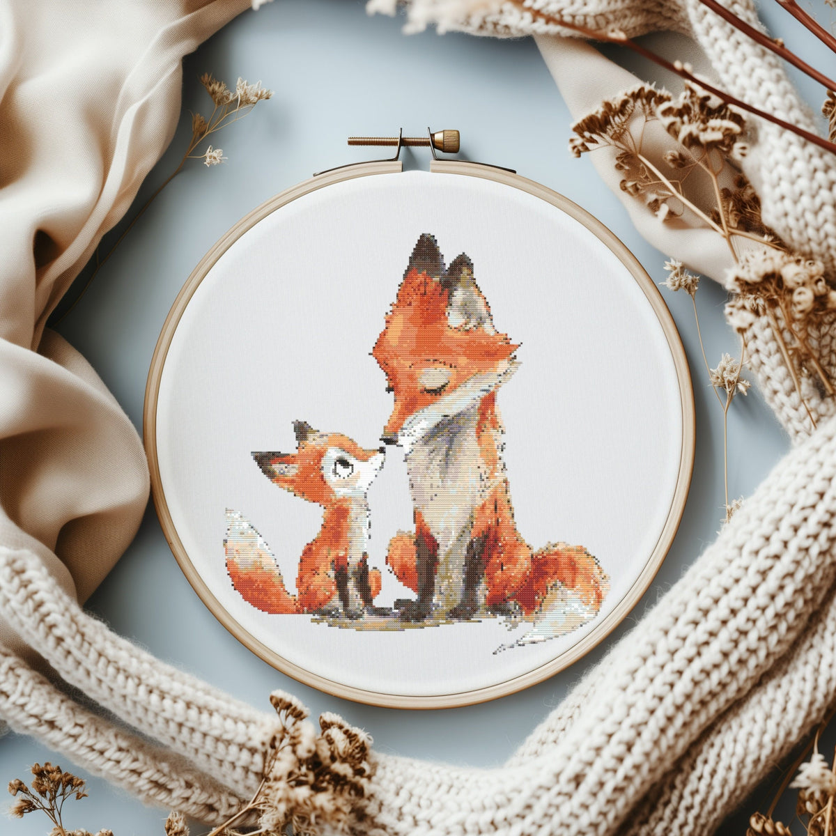 Cross Stitch Pattern With Fox Mom and Baby, Mother's Day Embroidery Pattern, Nursery Cross Stitch, Counted, Animal Cross Stitch Chart