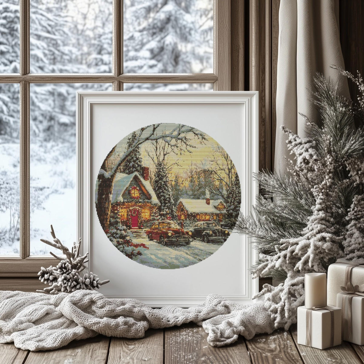 Cross Stitch Pattern PDF, Counted, Vintage Car Cross Stitch Art, Cozy Winter Embroidery Designs With Cottage, Cottagecore Cross Stitch Chart
