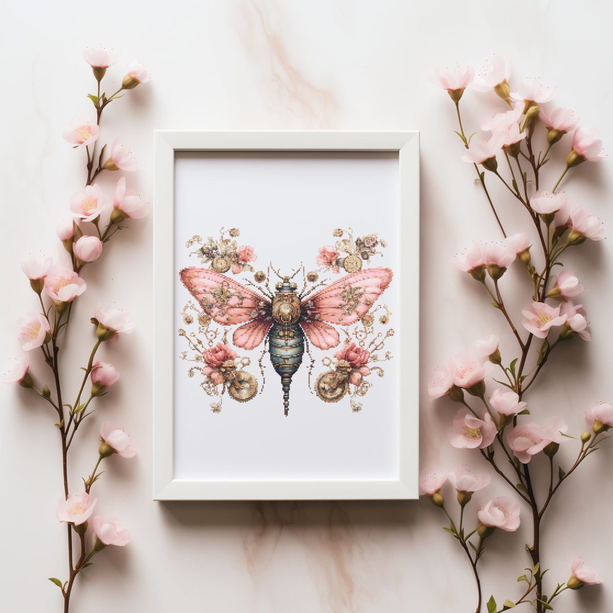 Mom Cross Stitch Pattern With Butterfly, Pink Flowers Embroidery Pattern, Steampunk Insects Cross Stitch Chart, Counted, Mother's Day Gift