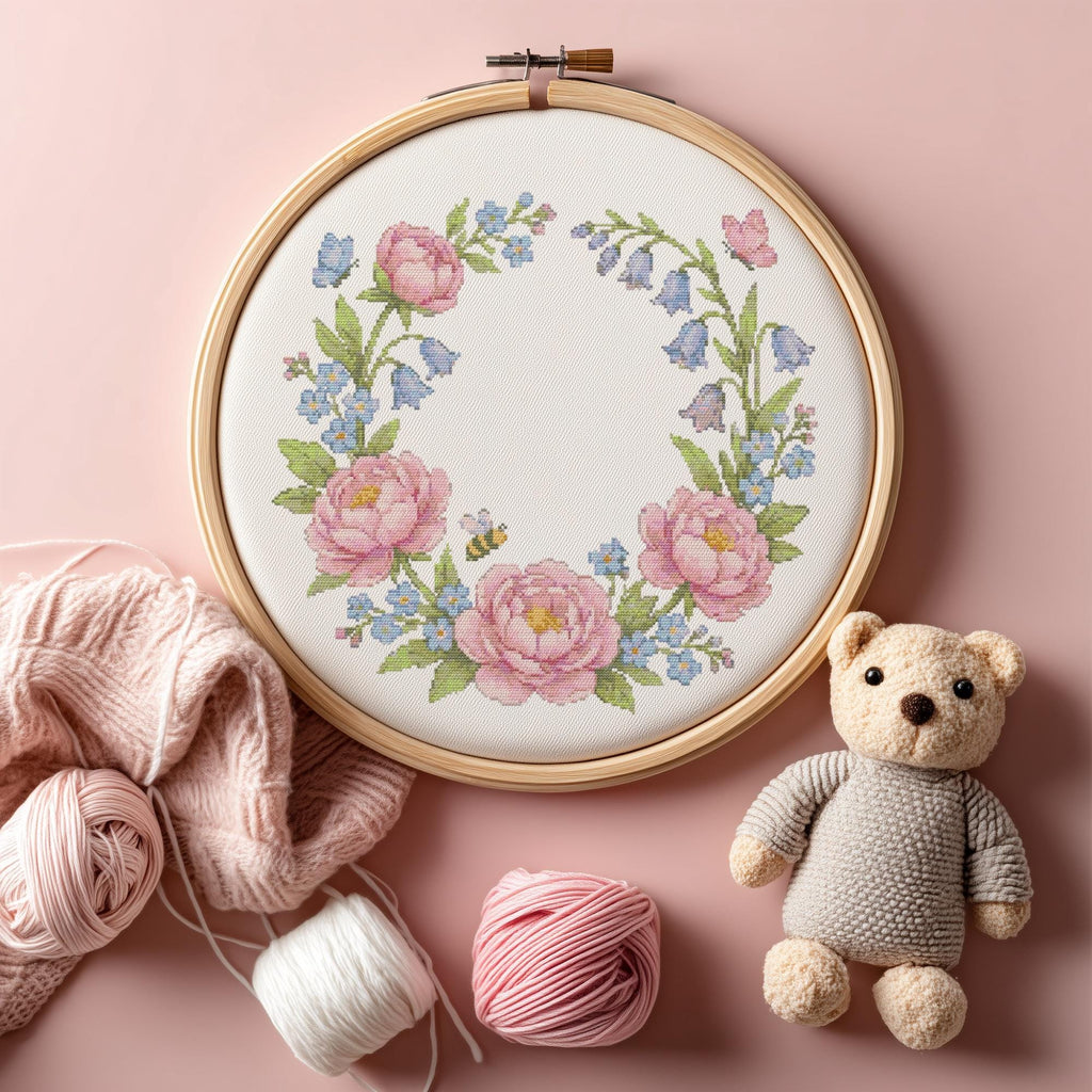 Cross Stitch Pattern PDF With Floral Wreath, Counted Embroidery Pattern, Watercolor Flower Cross Stitch Chart, Unique Mother's Day Gifts