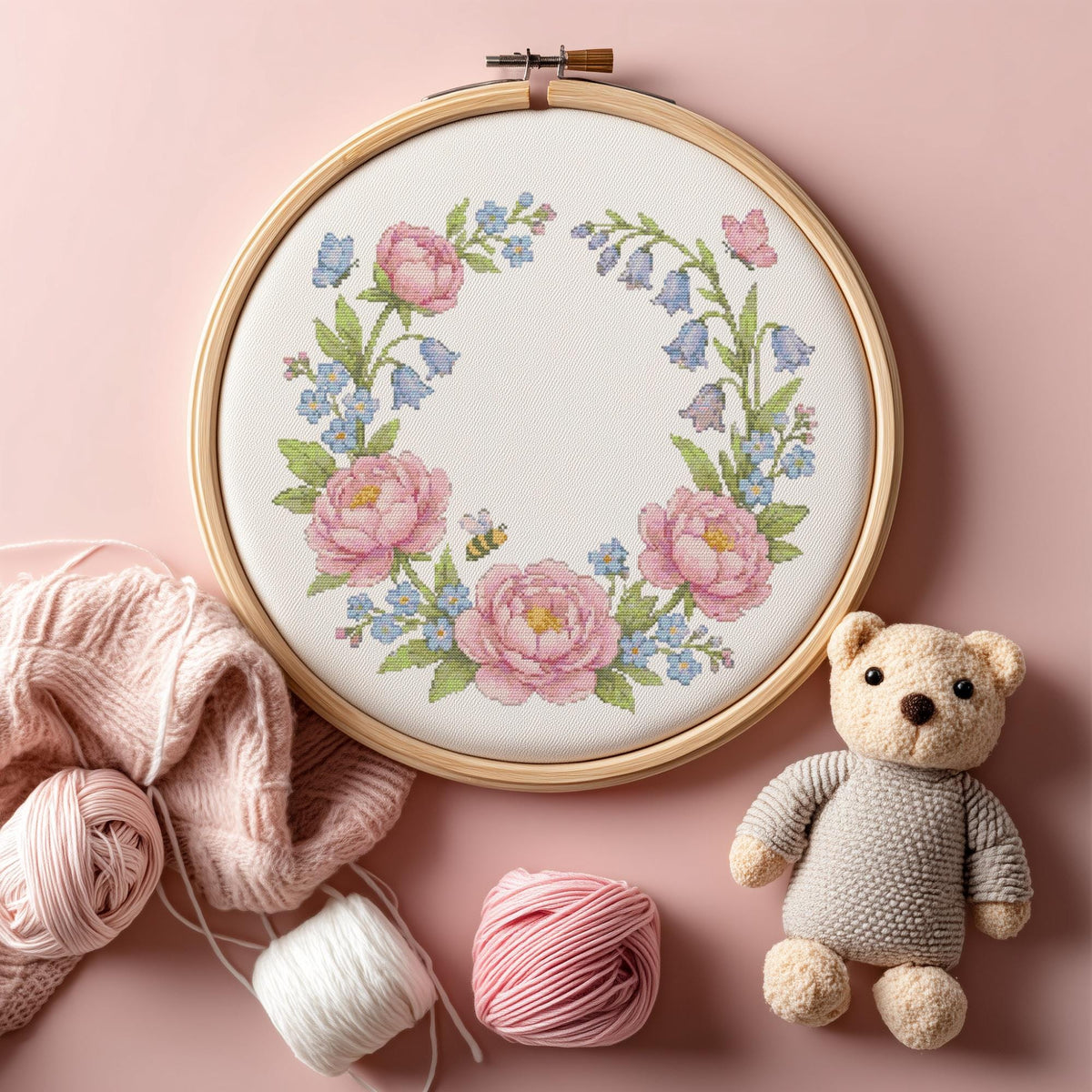 Cross Stitch Pattern PDF With Floral Wreath, Counted Embroidery Pattern, Watercolor Flower Cross Stitch Chart, Unique Mother's Day Gifts