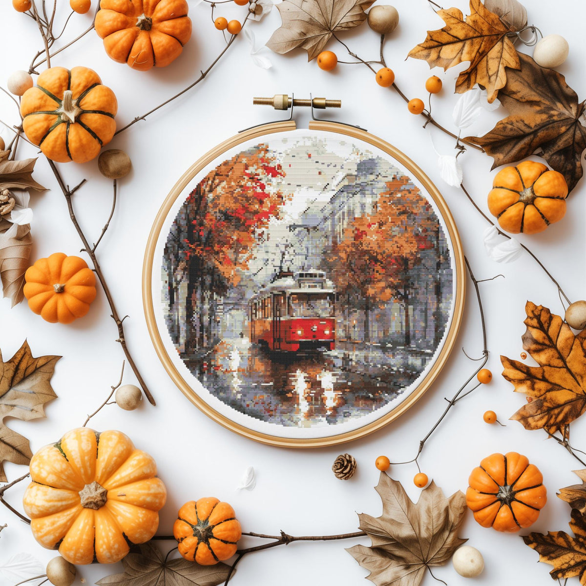 Watercolor Cross Stitch Pattern With Retro Tram, Fall Cross Stitch Designs, Embroidery Design, Counted Cross Stitch PDF, Pattern Keeper File