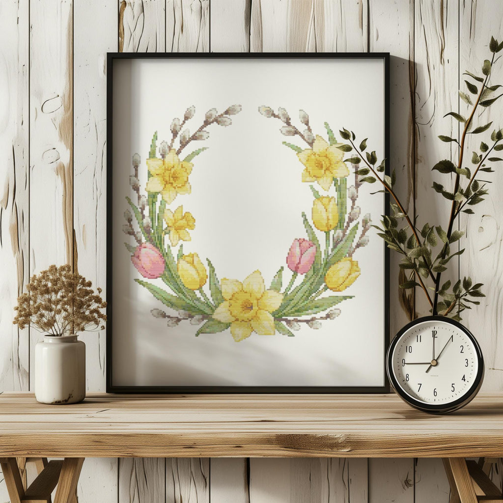 Easter Cross Stitch Pattern PDF With Daddofil, Tulips, Willow, Counted Cross Stitch Chart, Floral Wreath Embroidery Pattern, Easter Gifts