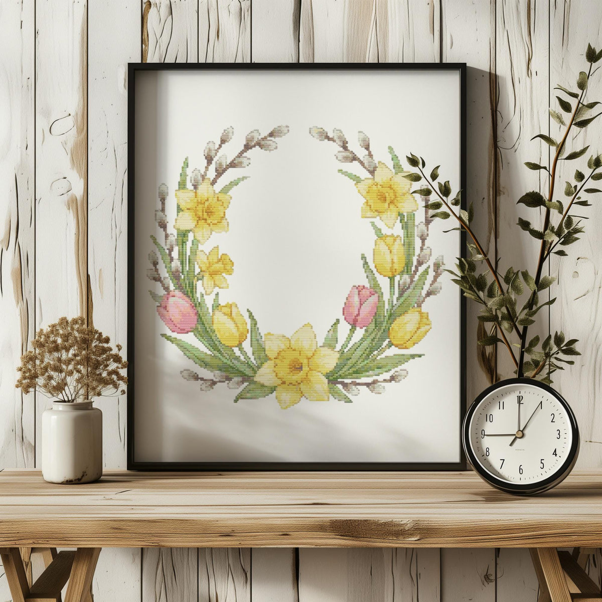 Easter Cross Stitch Pattern PDF With Daddofil, Tulips, Willow, Counted Cross Stitch Chart, Floral Wreath Embroidery Pattern, Easter Gifts