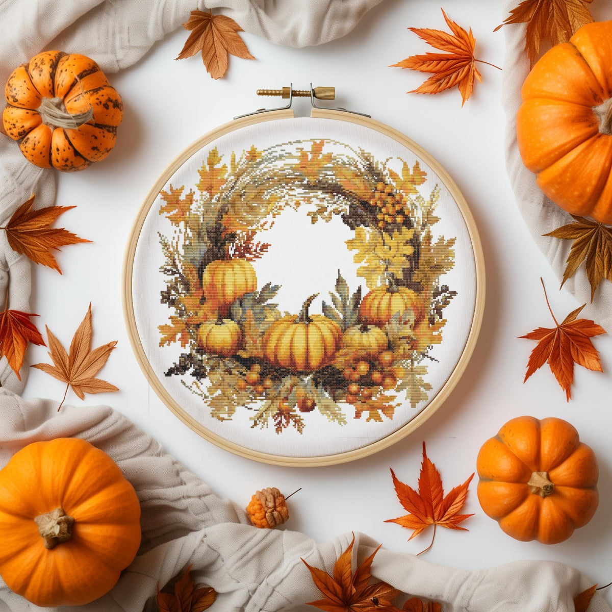 Fall Cross Stitch Pattern With Pumpkins, Flowers, Counted Cross Stitch Art, Autumn Embroidery Designs, Floral Wreath Cross Stitch Chart