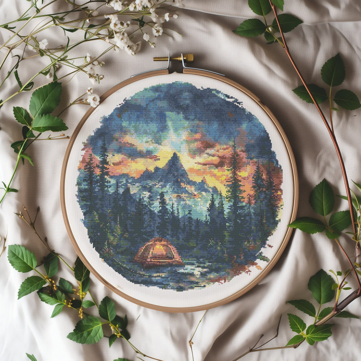 Camping Cross Stitch Pattern, Nature Cross Stitch Design, Forest Landscape Embroidery Pattern, Counted, Cross Stitch Chart With Mountains