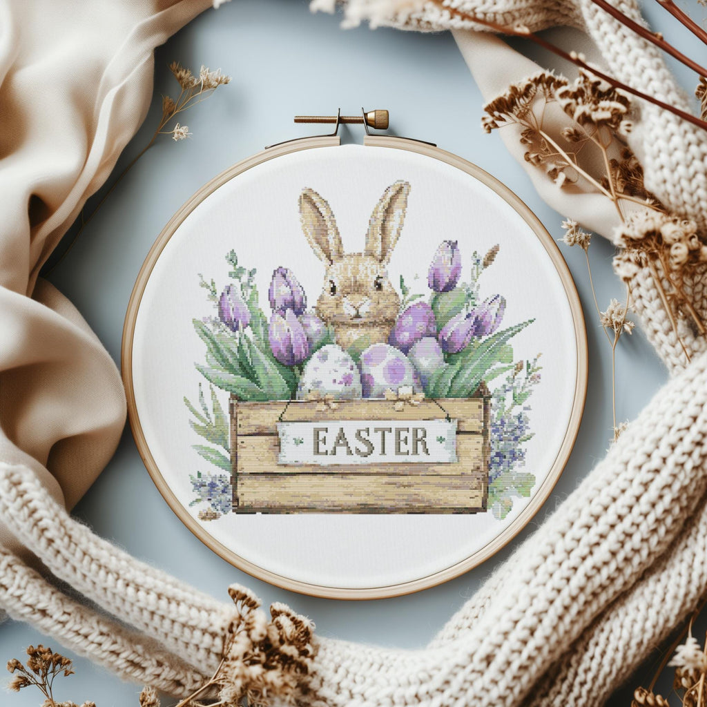 Cross Stitch Pattern With Easter Bunny, Modern Cross Stitch Designs, Easter Embroidery Pattern, Spring Cross Stitch Pattern, Floral Pattern