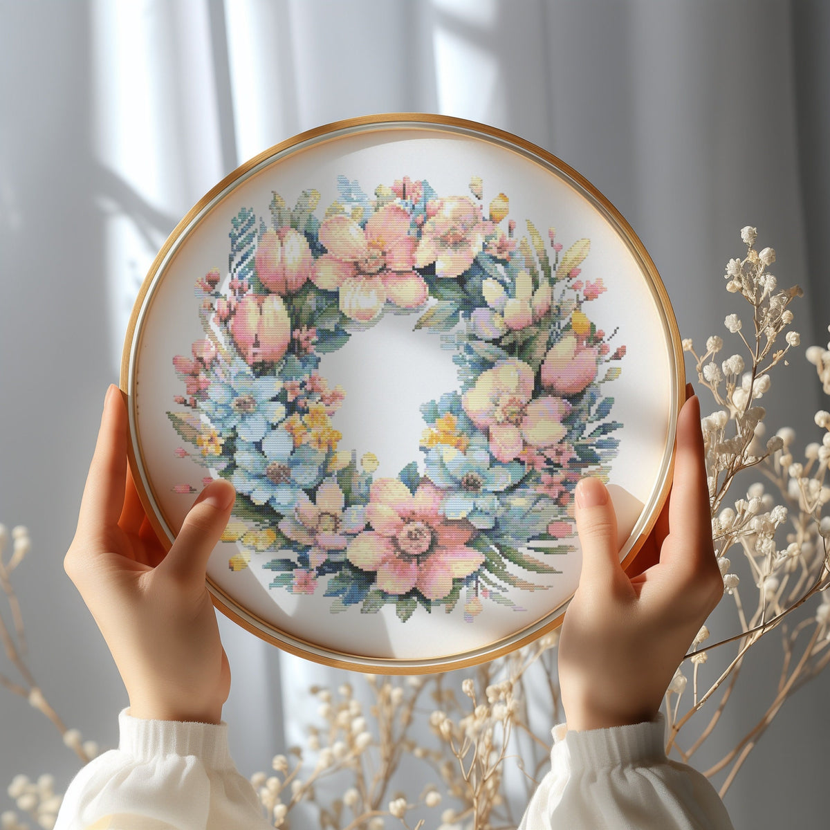 Cross Stitch Pattern With Floral Wreath, Modern Cross Stitch Designs, Embroidery Design, Spring Cross Stitch Chart, Christmas Gift For Mom
