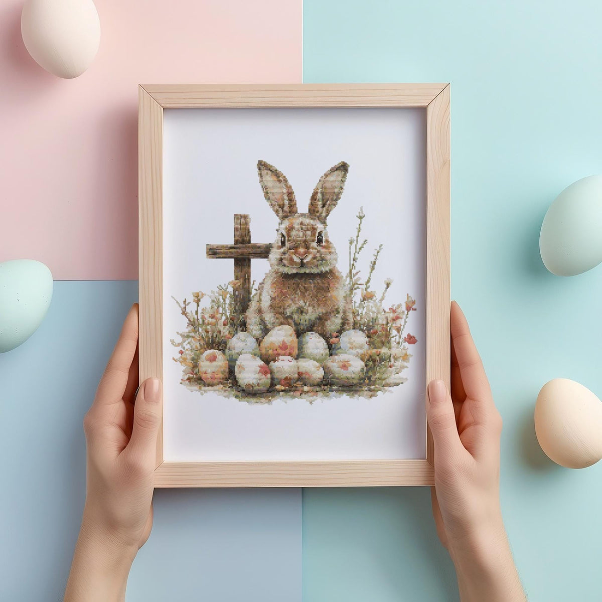 Easter Cross Stitch Pattern With Bunny, Cross Stitch Art, Happy Easter Embroidery PDF, Spring Cross Stitch Chart, Cottagecore Home Decor
