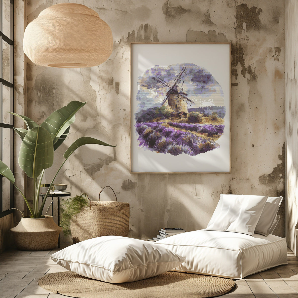 Modern Cross Stitch Pattern With Windmill In Lavender Cross Stitch Art Embroidery Design Landscape Cross Stitch PDF Count Cross Stitch Chart