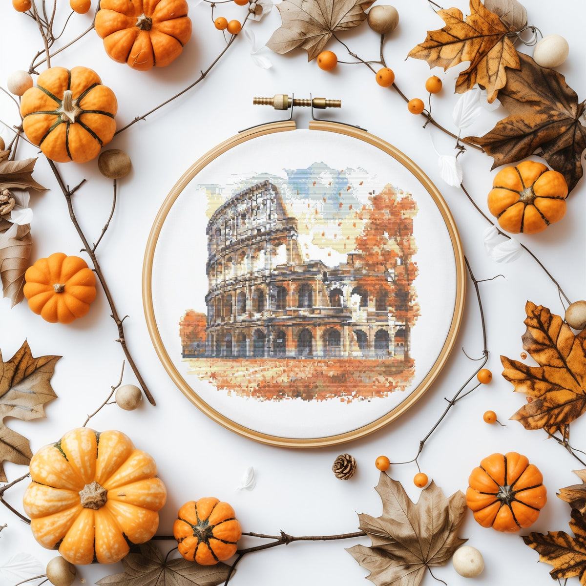 Watercolor Cross Stitch Pattern With Rome Colosseum, City Cross Stitch Designs, Italy Embroidery Pattern Pdf, Counted Cross Stitch Patterns