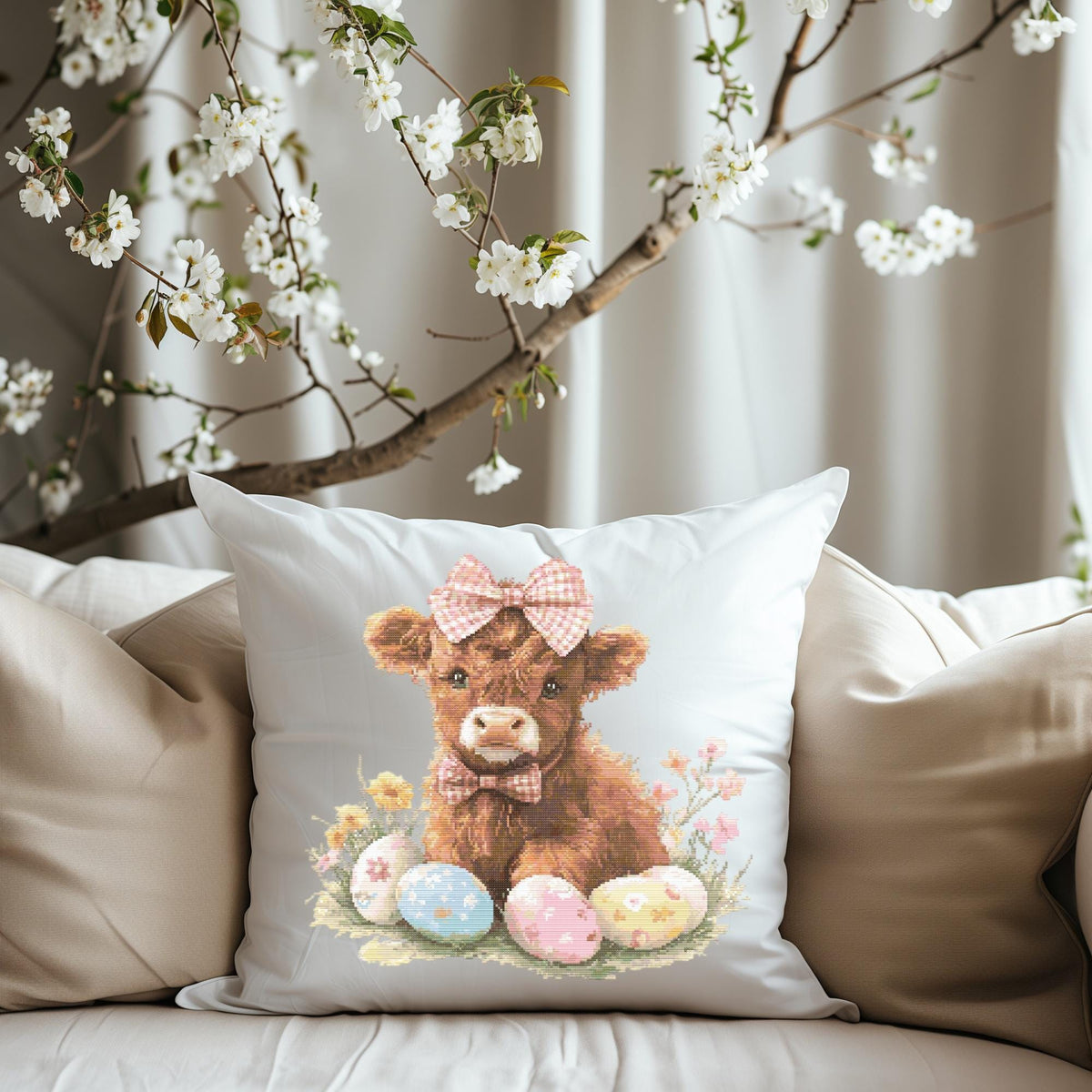Cross Stitch Pattern With Highland Cow Cottagecore Cross Stitch Design Easter Embroidery Pattern PDF Spring Cross Stitch Chart Easter Gifts