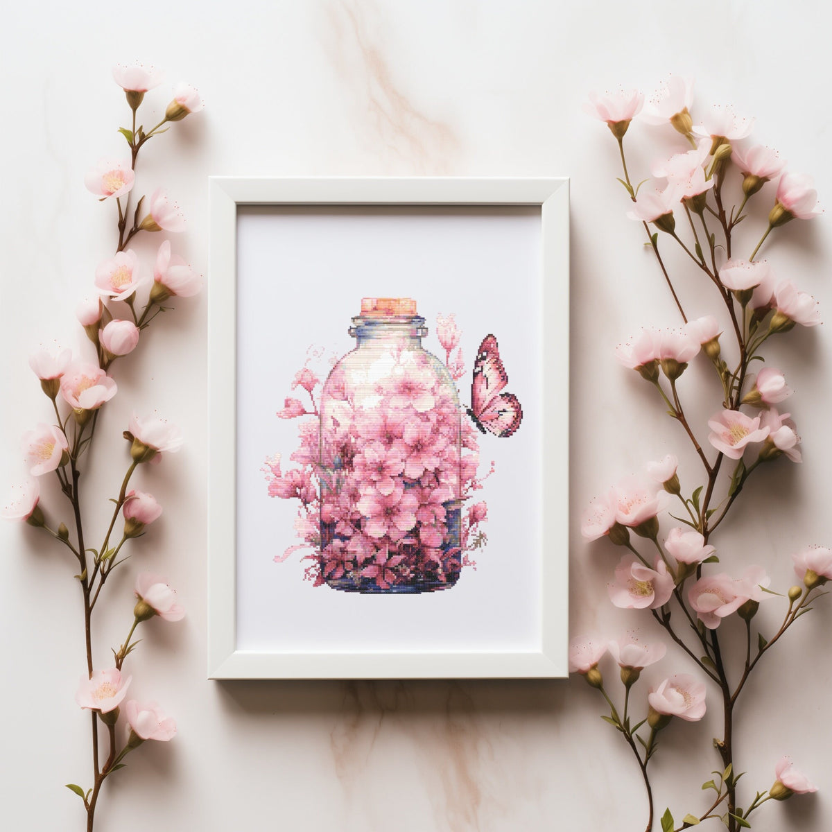 Cross Stitch Pattern With Butterflies, Counted Embroidery Pattern, Pink Flower Bouquet Cross Stitch Chart, Mother's Day Cross Stitch Pdf