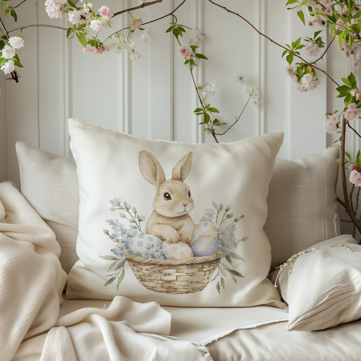 Cross Stitch Pattern With Easter Bunny, Modern Cross Stitch Designs, Easter Embroidery File, Spring Cross Stitch Chart, Cross Stitch Scheme
