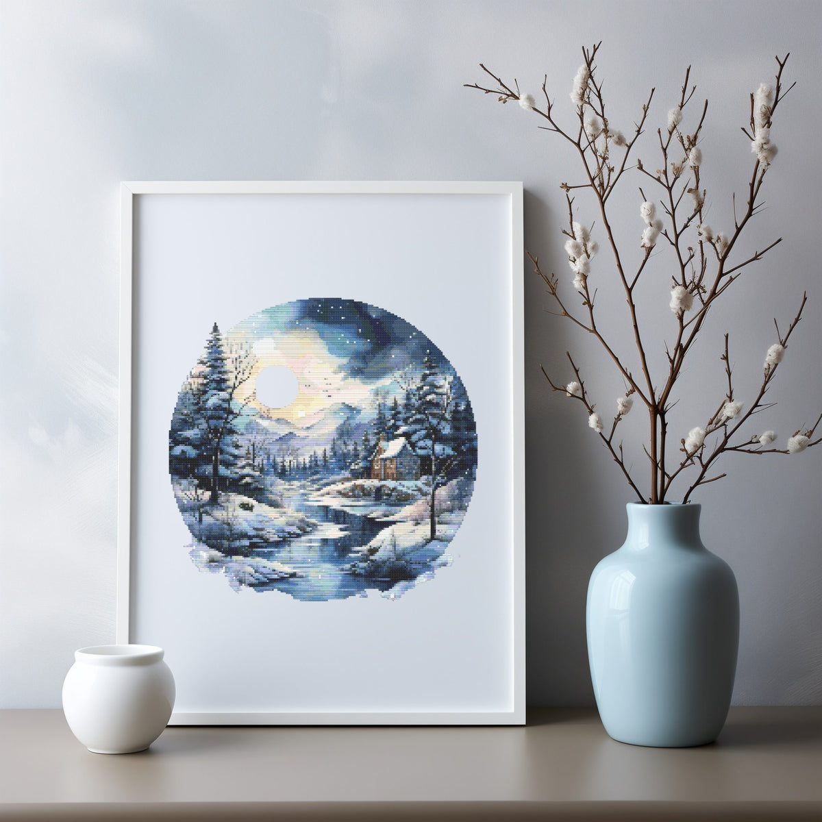 Nature Cross Stitch Pattern With Mountains, River, Winter Landscape Cross Stitch Designs, Counted Cross Stitch