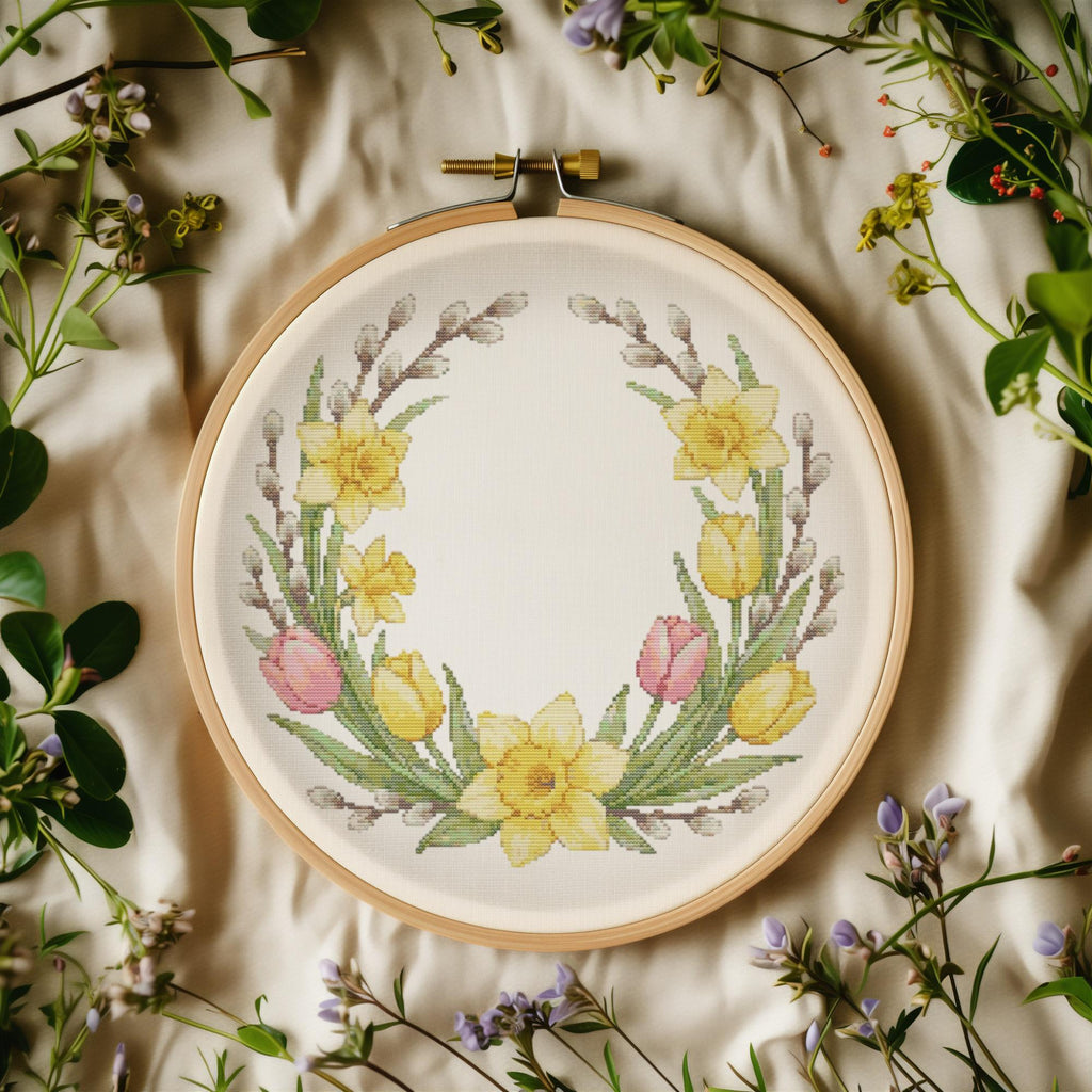 Easter Cross Stitch Pattern PDF With Daddofil, Tulips, Willow, Counted Cross Stitch Chart, Floral Wreath Embroidery Pattern, Easter Gifts