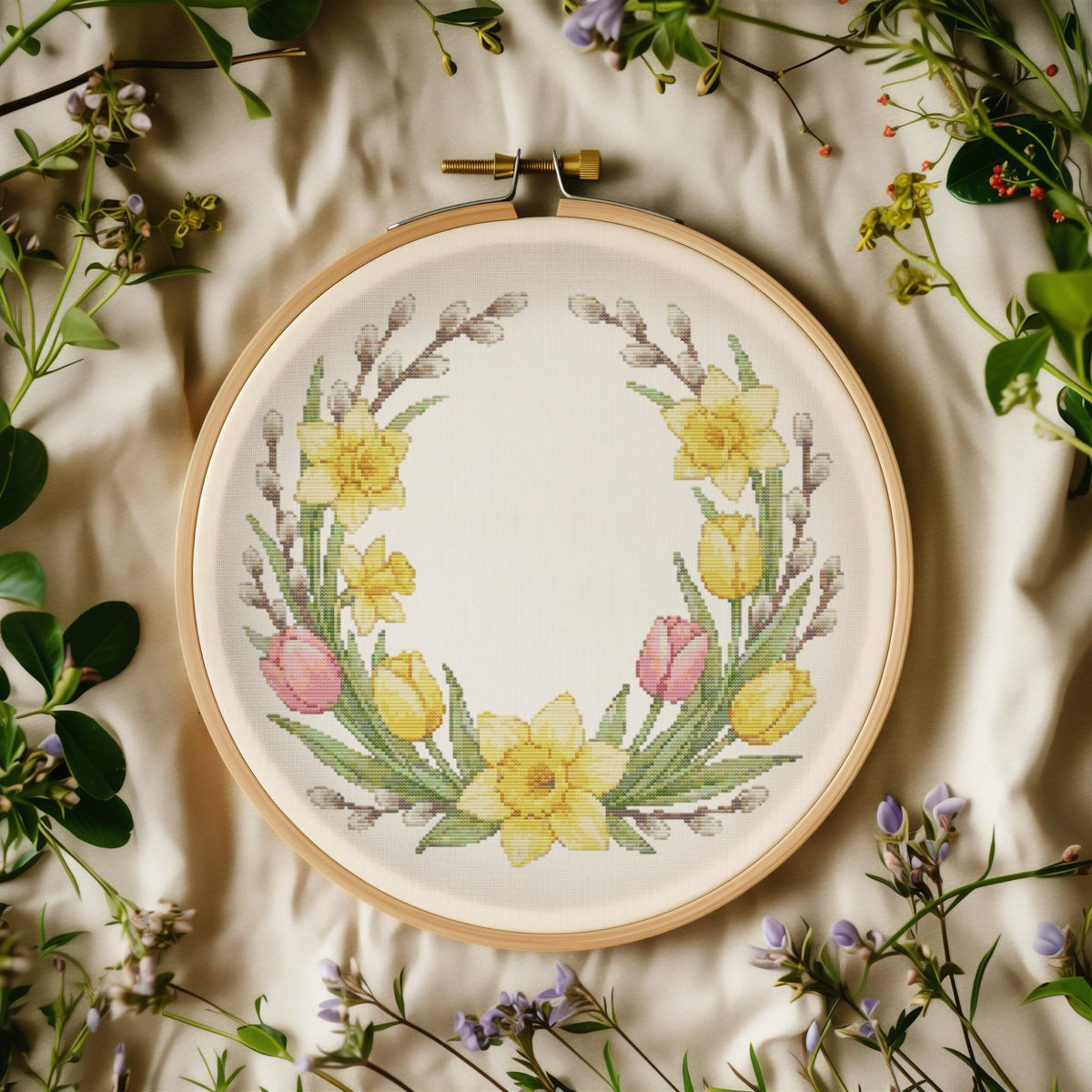 Easter Cross Stitch Pattern PDF With Daddofil, Tulips, Willow, Counted Cross Stitch Chart, Floral Wreath Embroidery Pattern, Easter Gifts