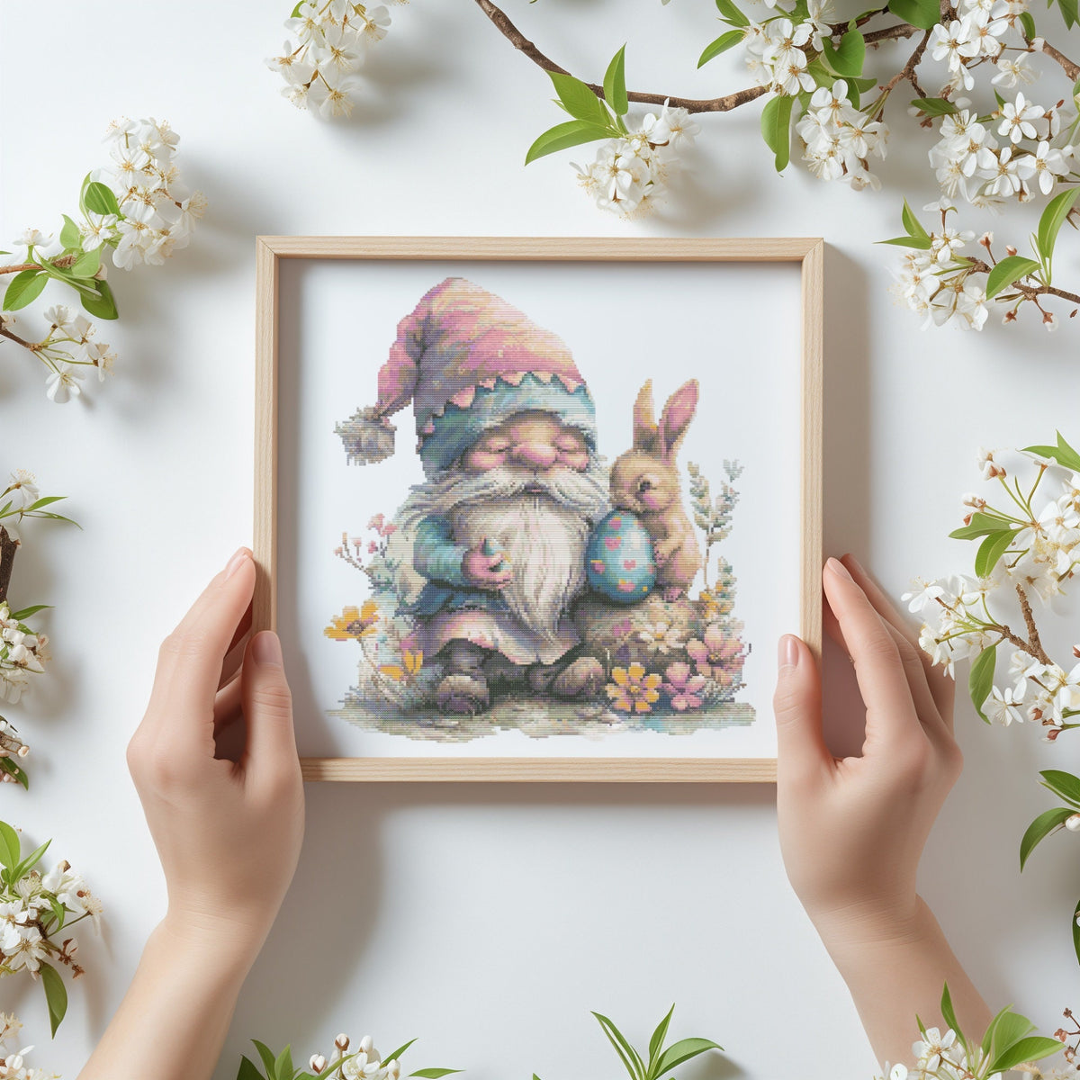 Cross Stitch Pattern With Easter Gnome And Bunny, Floral, Spring Cross Stitch Chart, Easter Embroidery Design, Counted Cross Stitch Pattern