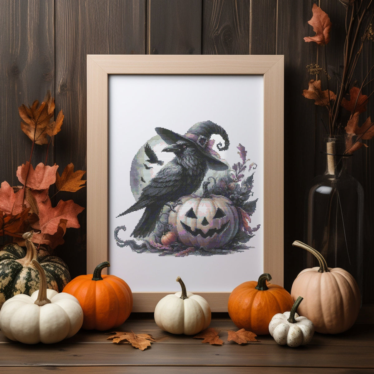 Halloween Cross Stitch Pattern With Fairytale Raven, Counted, Spooky Pumpkin Embroidery Designs, Fall Cross Stitch Art, Instant Downoads