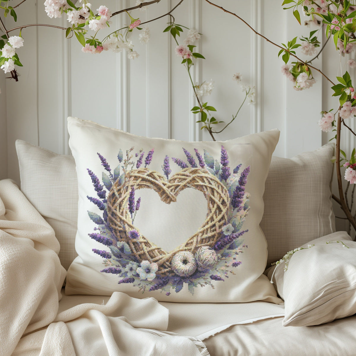 Cross Stitch Pattern With Lavender Heart Wreath, Counted Embroidery Pattern, Watercolor Floral Cross Stitch Chart, Flower Cross Stitch Pdf