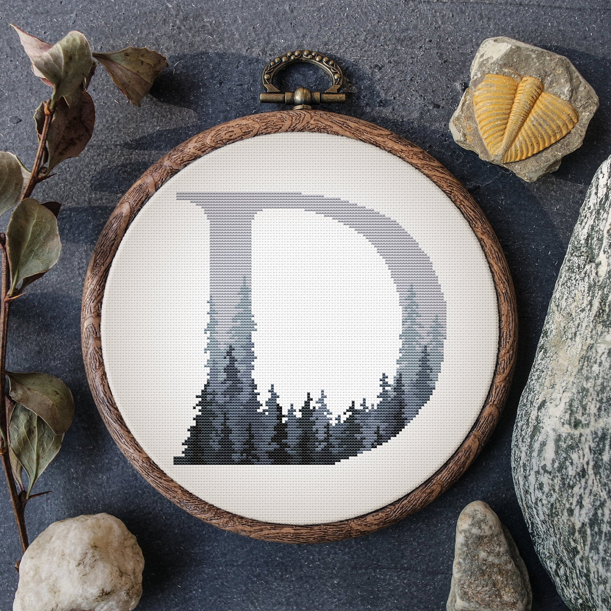 Monogram Cross Stitch Pattern, Gray Forest Cross Stitch Pdf, Alphabet Letter Cross Stitch Chart, Counted, Custom Name Embroidery Pattern