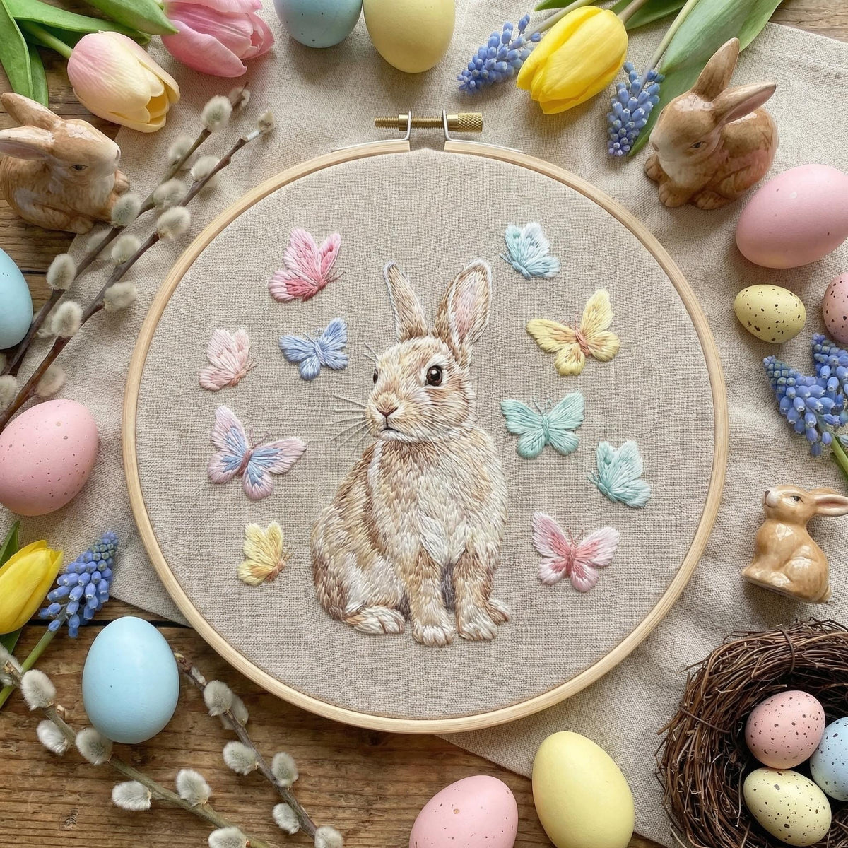 Bunny Embroidery Pattern PDF With Butterflies, Spring Hand Embroidery Design With Cute Rabbit, Do It Yourself Gifts, Nursery Room Decoration