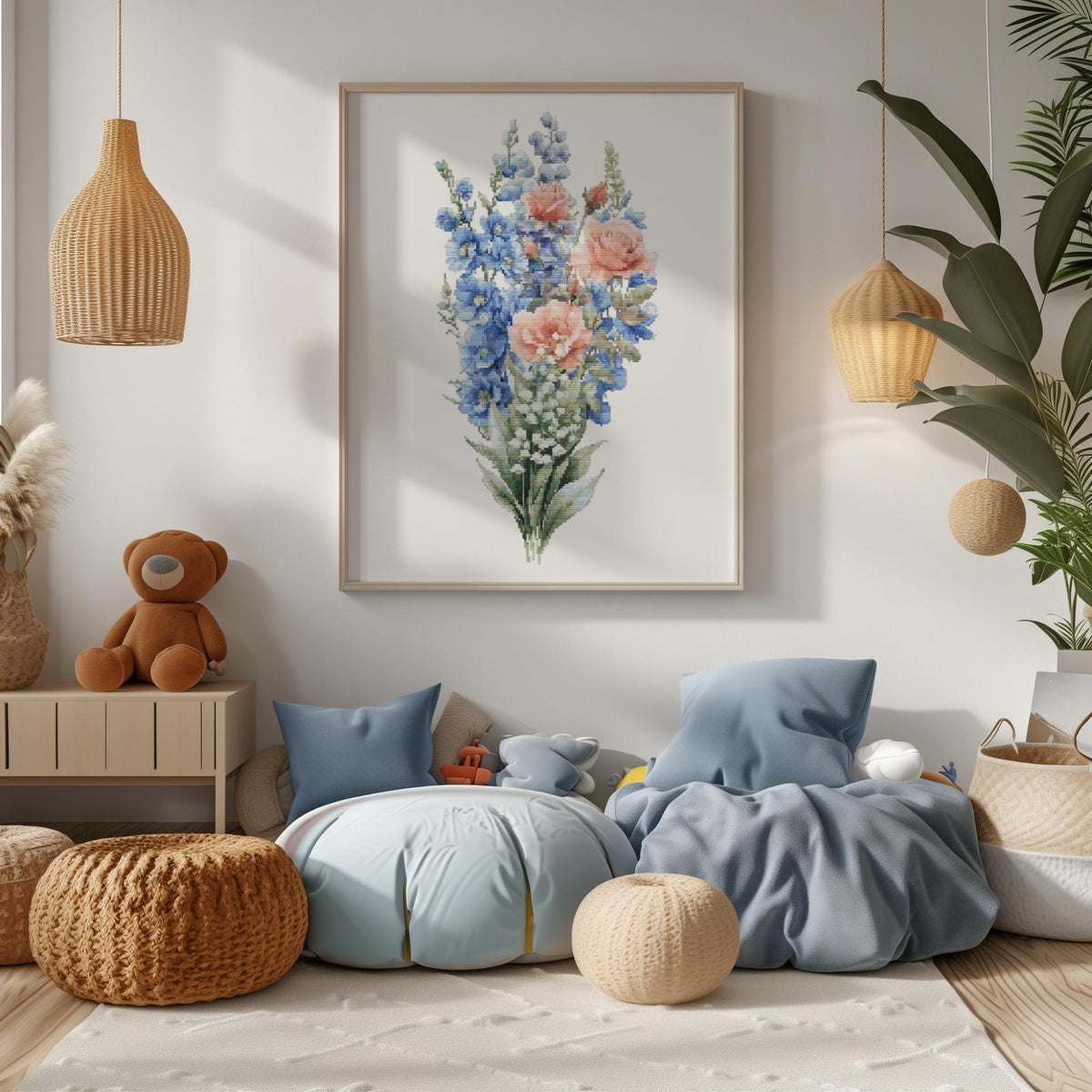 Cross Stitch Pattern With Lilies Of The Valley, Roses, Delphinium, Counted Cross Stitch Pdf, Floral Embroidery Pdf, Flower Cross Stitch Art