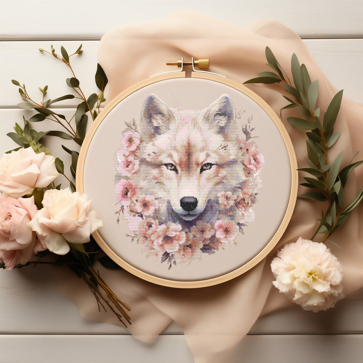 Wolf Cross Stitch Pattern PDF, Floral Cross Stitch Designs, Counted Cross Stitch Chart, Embroidery Pattern, Mother's Day Gifts