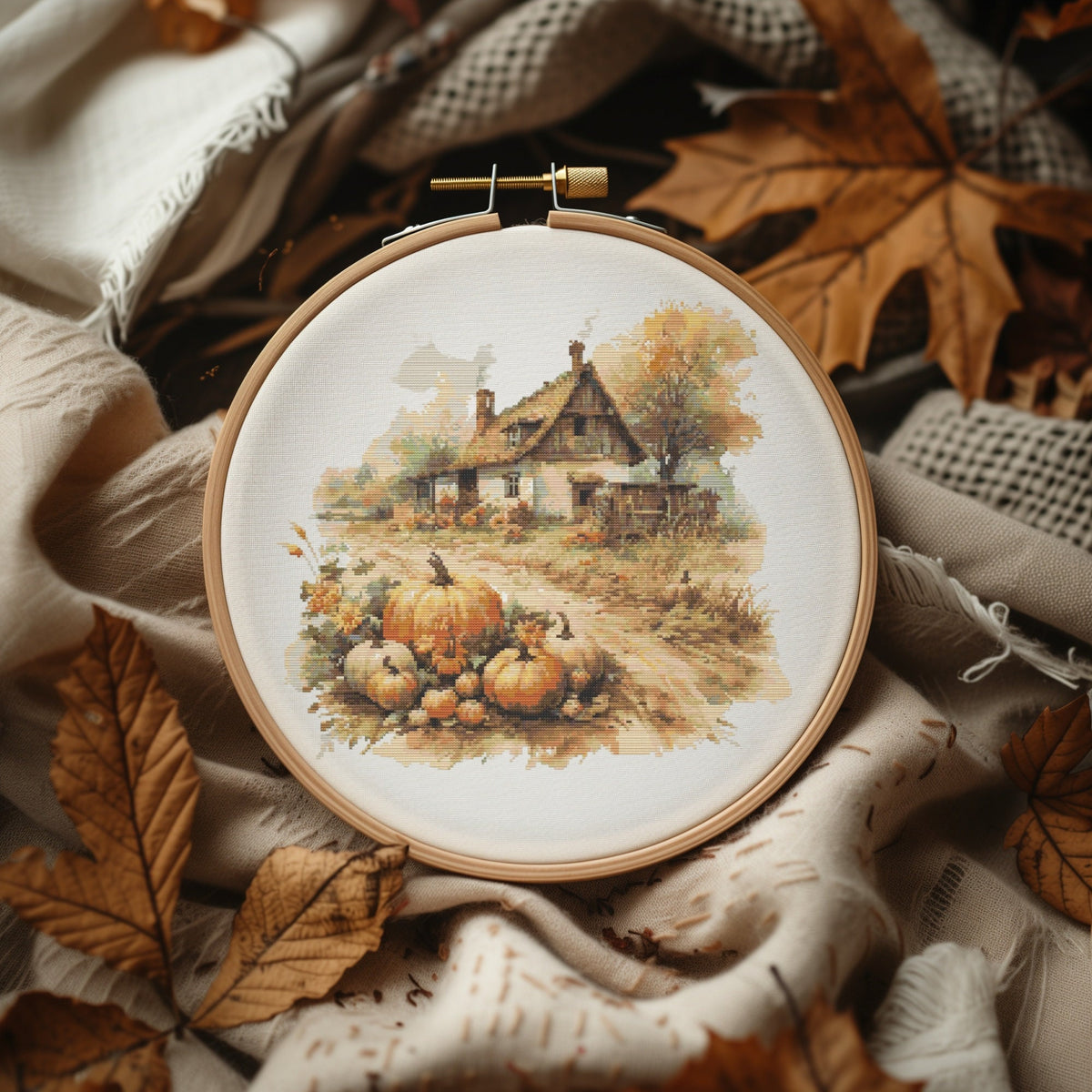 Fall Cross Stitch Pattern, Counted Cross Stitch Pattern With Country Cottage, Cottagecore Cross Stitch PDF, Rustic Embroidery Designs