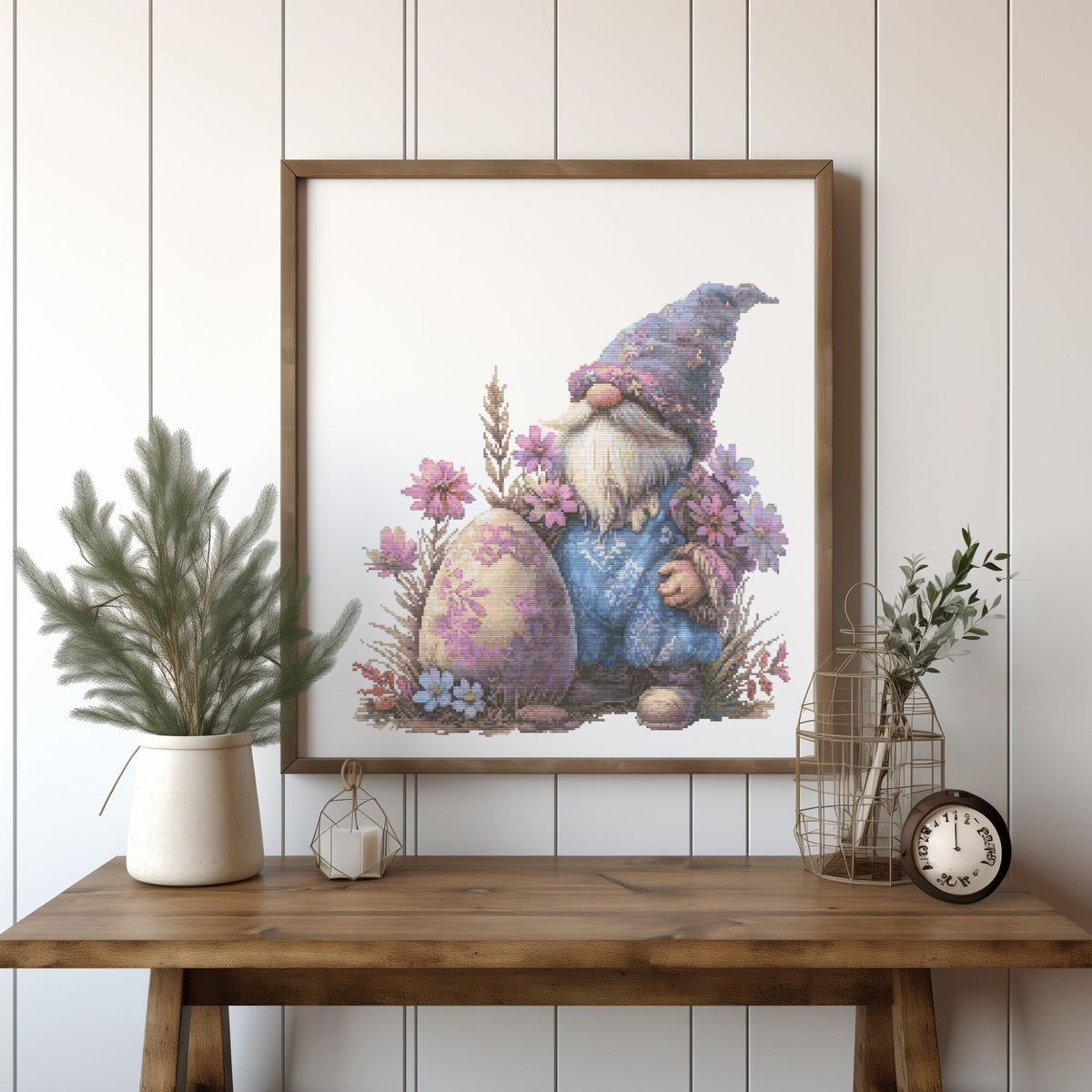 Cross Stitch Pattern With Easter Gnome, Happy Easter Embroidery Designs, Counted Cross Stitch Pattern, Spring Cross Stitch Charts, Floral