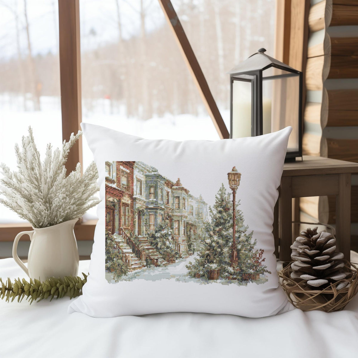 Cross Stitch Pattern With Christmas Tree, Counted Christmas City Embroidery Pattern, Watercolor Cross Stitch Chart, Winter Holiday Decor