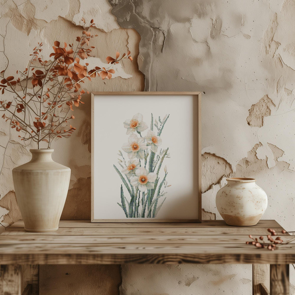 Cross Stitch Pattern With White Narcissus, Counted Cross Stitch Designs, Birth Flower Embroidery PDF, December Birth Flower Cross Stitch Art