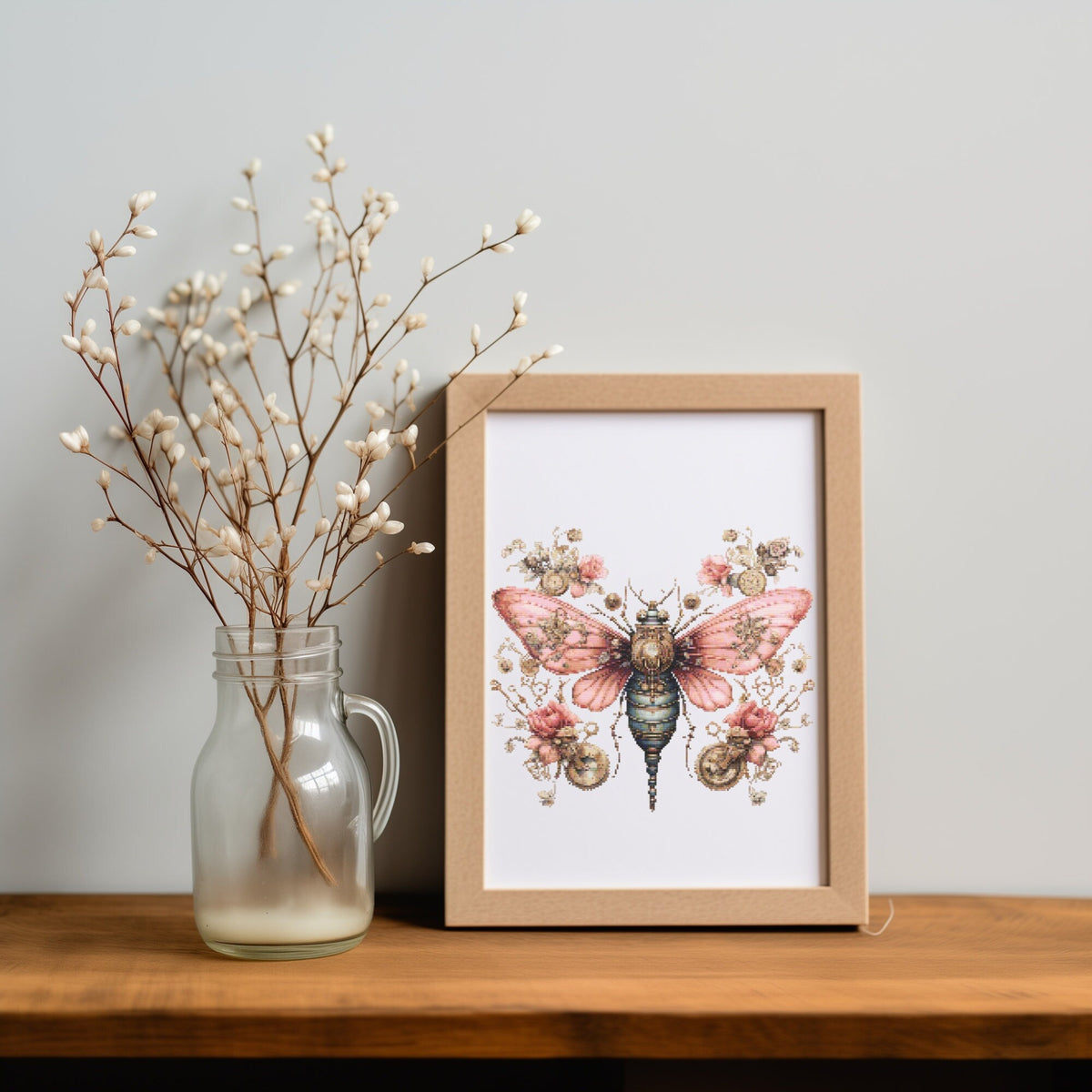 Mom Cross Stitch Pattern With Butterfly, Pink Flowers Embroidery Pattern, Steampunk Insects Cross Stitch Chart, Counted, Mother's Day Gift