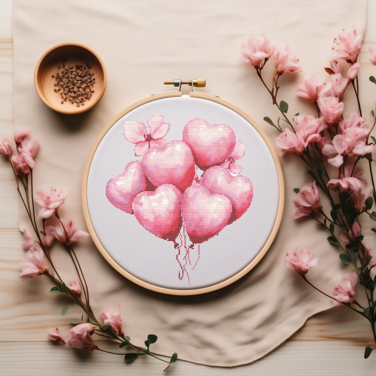 Birthday Cross Stitch Pattern With Pink Balloons, Valentine's Day Embroidery Pattern, Heart Cross Stitch Chart, Easy Cross Stitch Scheme