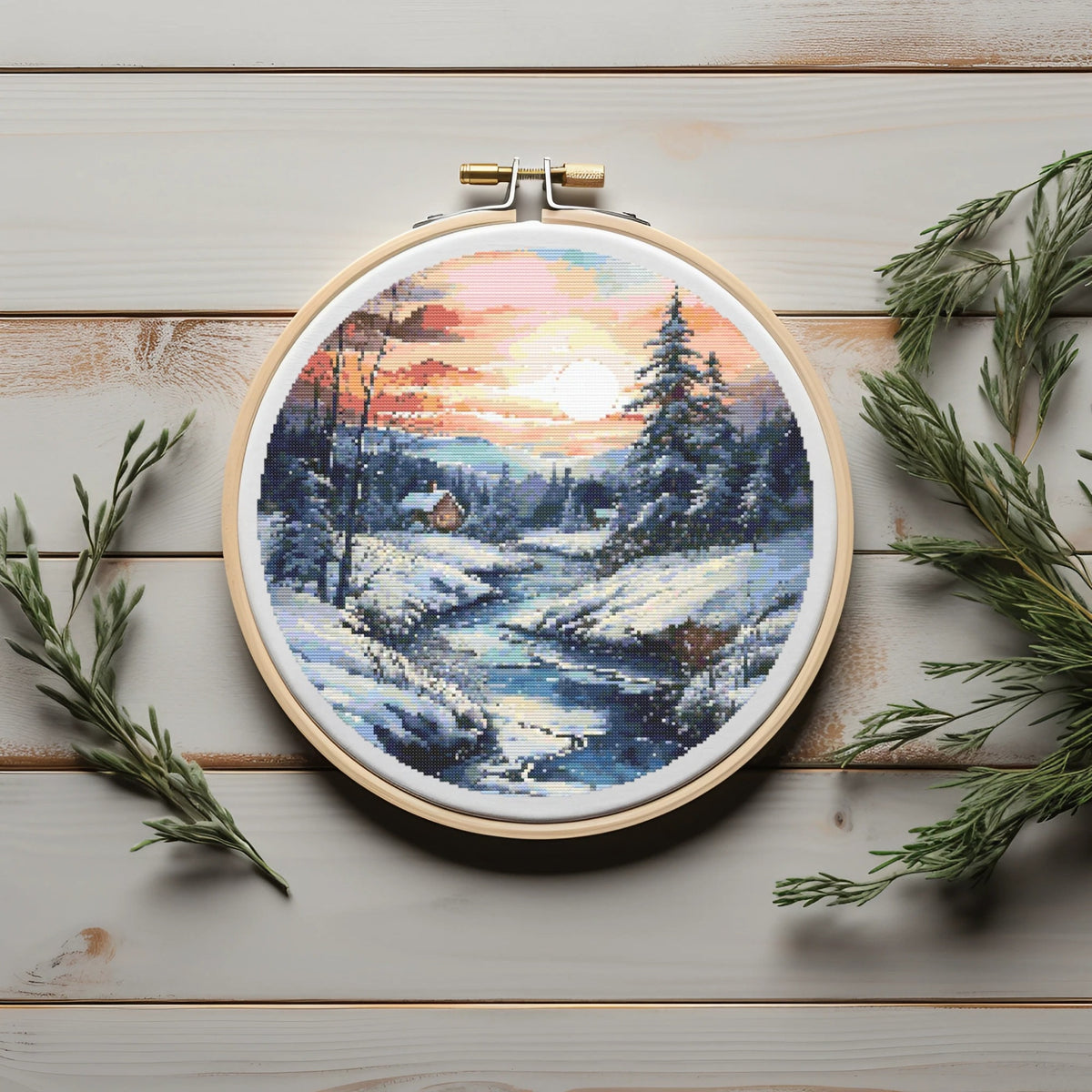 Nature Cross Stitch Pattern With Winter River, Counted, Landscape Cross Stitch Designs, Digital Downloads