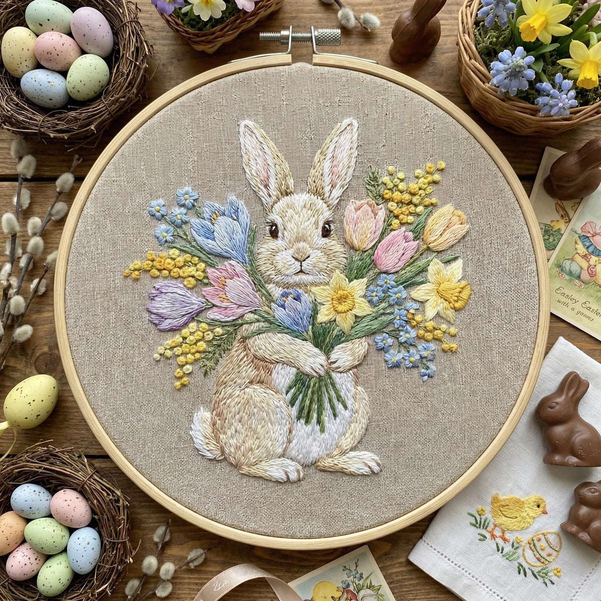 Spring Embroidery Pattern PDF With Bunny, Easter Hand Embroidery Template With Rabbit, Do It Yourself Gifts, Happy Easter Gift For Grandma
