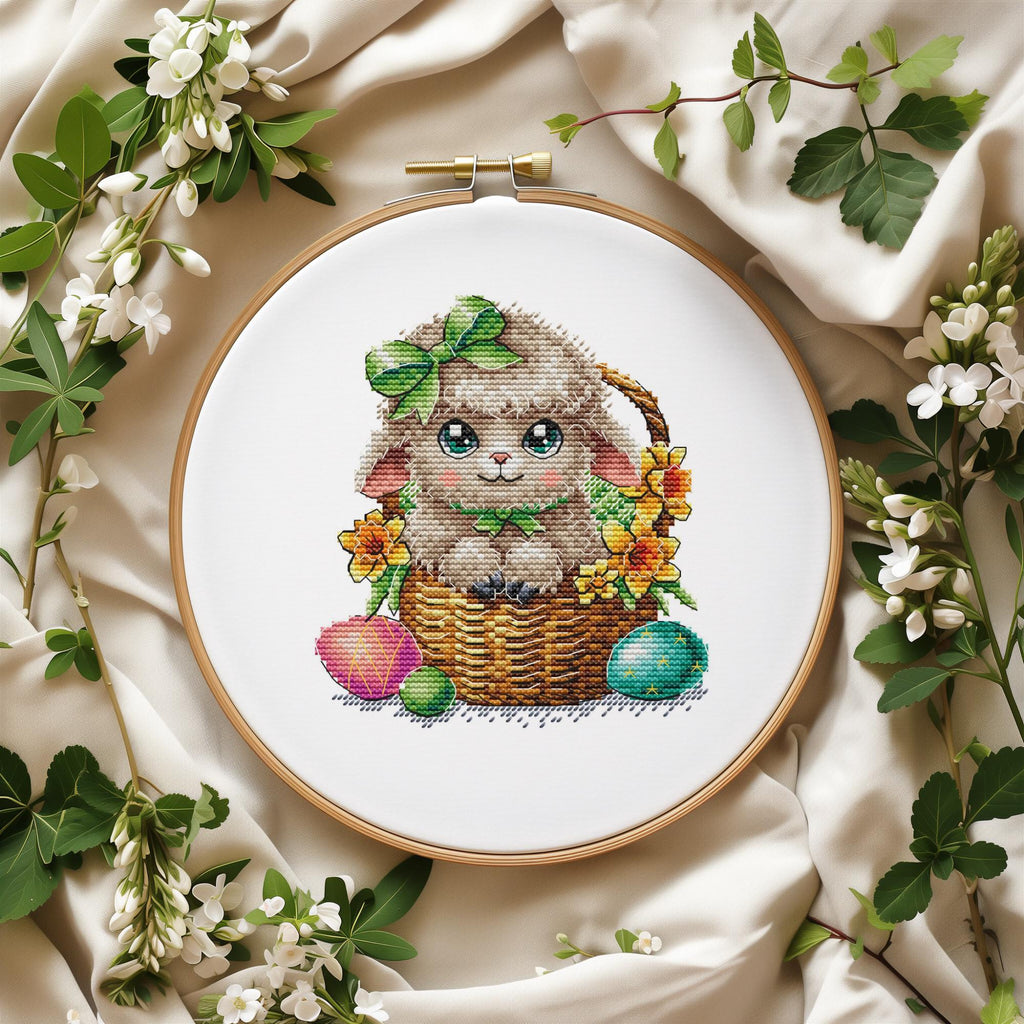 Easter Cross Stitch Pattern PDF With Cute Lamb, Easter Embroidery Designs, Spring Cross Stitch Charts, Beginner Friendly, Saga File