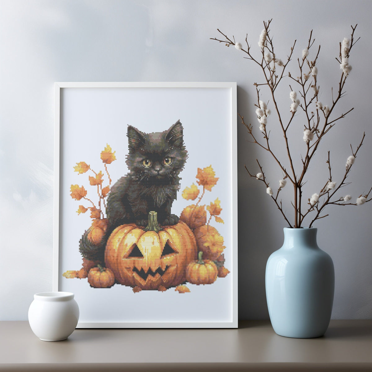Halloween Cross Stitch Pattern With Black Kitten, Counted Embroidery dEsigns, Fall Cross Stitch Chart With Pumpkin, Nursery Cross Stitch Pdf