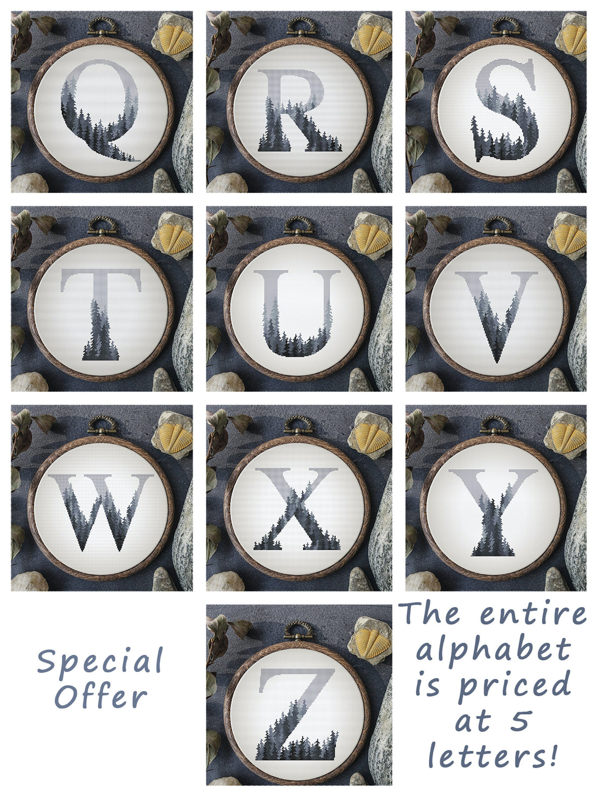 Letter Cross Stitch Pattern, Counted, Custom Monogram Cross Stitch Chart With Trees, Family Initials Embroidery Pattern, Diy Gifts