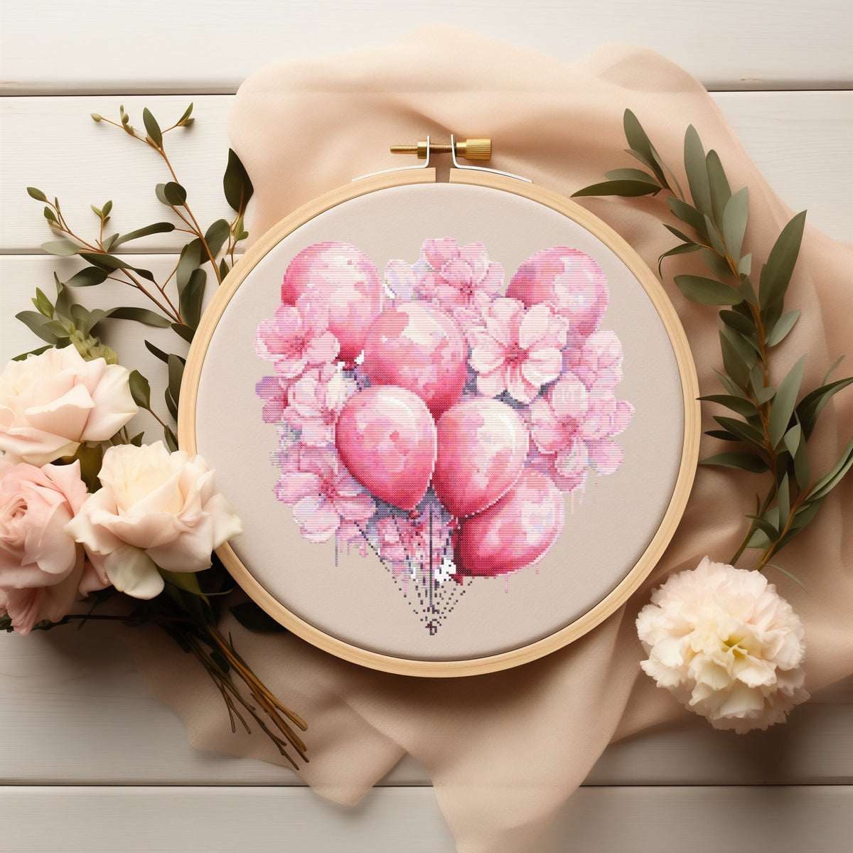 Birthday Cross Stitch Pattern PDF, Valentine's Day Embroidery Pattern, Heart Cross Stitch Chart, Pink Balloons Cross Stitch Samplers