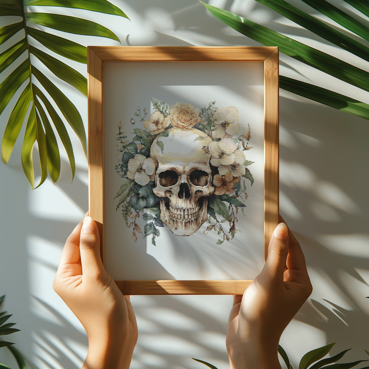 Cross Stitch Pattern With Skull, Modern Cross Stitch Art, Gothic Skull Embroidery Designs, Counted Watercolor Flowers Cross Stitch Chart
