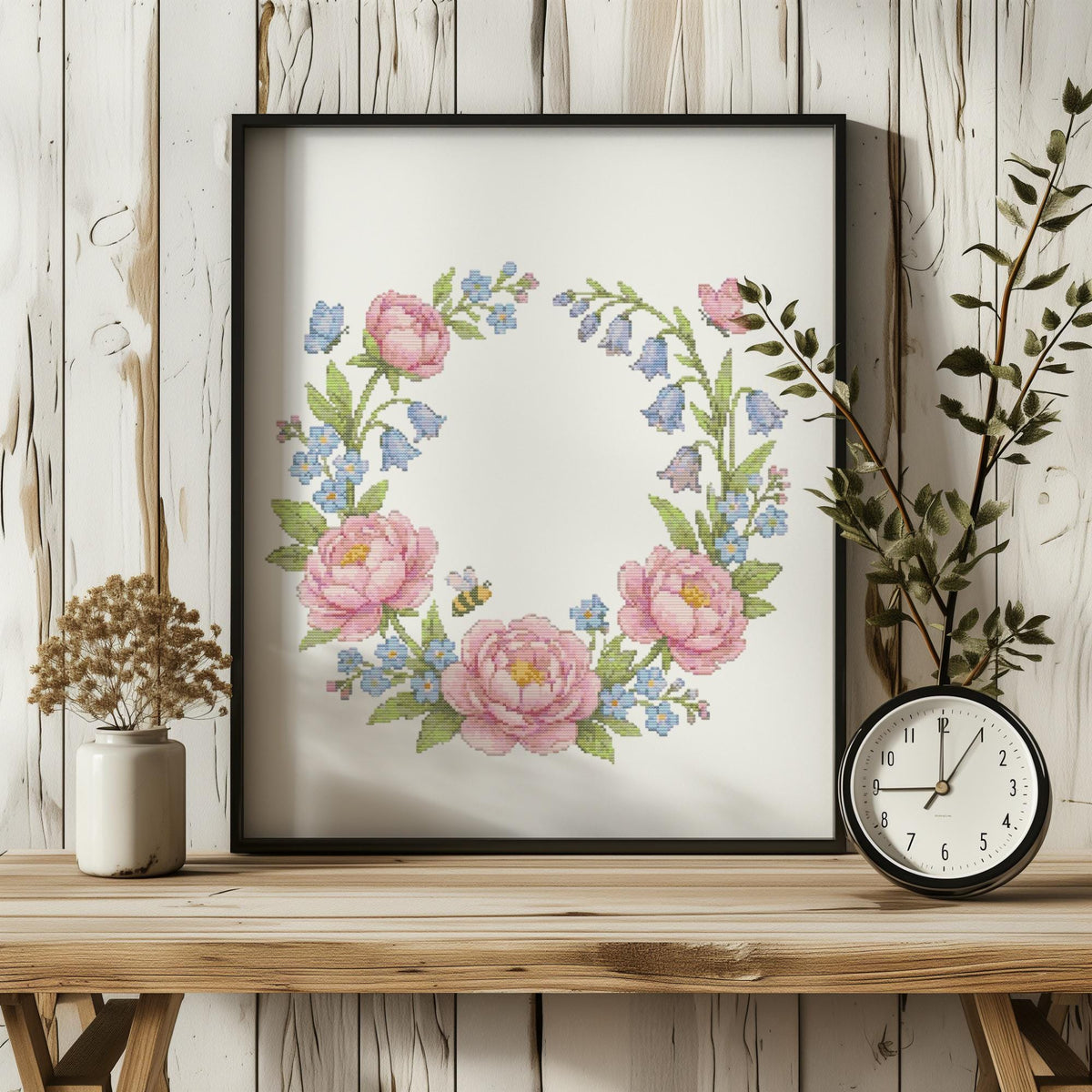 Cross Stitch Pattern PDF With Floral Wreath, Counted Embroidery Pattern, Watercolor Flower Cross Stitch Chart, Unique Mother's Day Gifts