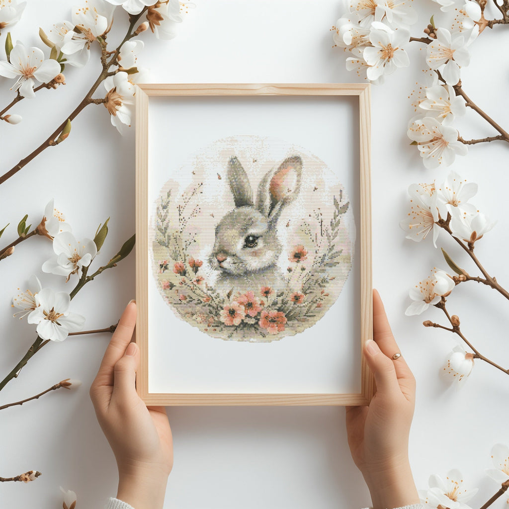 Modern Cross Stitch Pattern With Bunny, Easter Cross Stitch Art, Easter Embroidery Pattern, Spring Cross Stitch Pattern, Floral Pattern