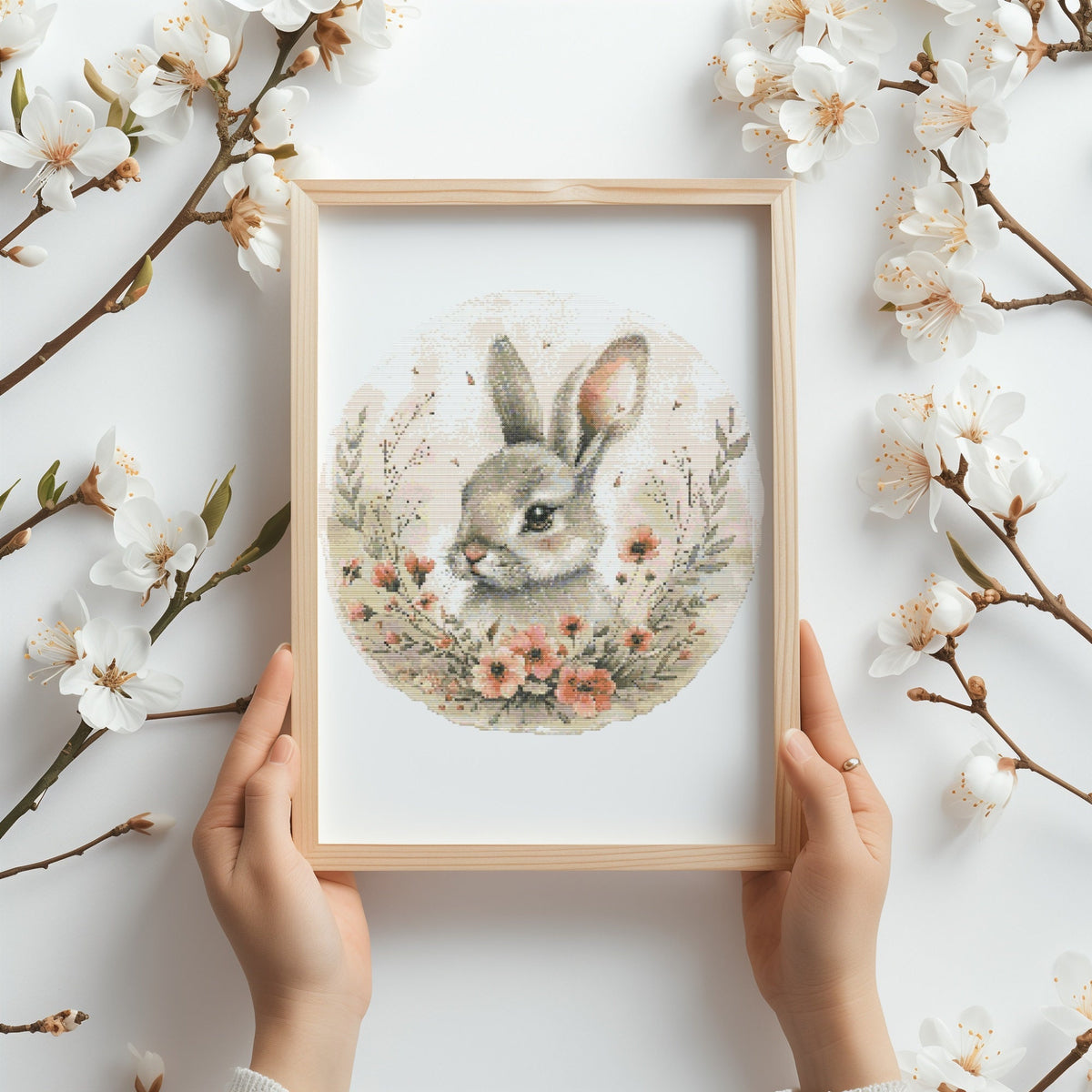 Modern Cross Stitch Pattern With Bunny, Easter Cross Stitch Art, Easter Embroidery Pattern, Spring Cross Stitch Pattern, Floral Pattern
